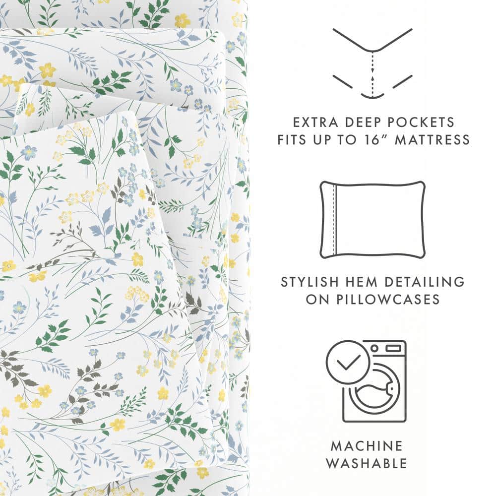 Light Blue Floral Twin Microfiber Sheet Set with Deep Pockets