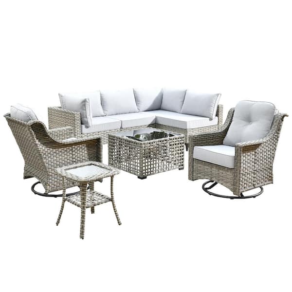 Holston 8-Piece Wicker Modern Outdoor Patio Conversation Sofa Seating Set with Swivel Chairs and Light Grey Cushions