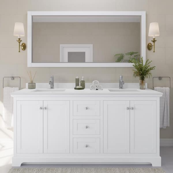 Wyndham Collection Avery 72in.Wx22 in.D Double Vanity in White with Cultured Marble Vanity Top in White with White Basins