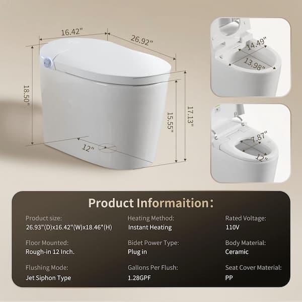 Elongated Smart Bidet Toilet 1.28 GPF in White with Auto Open/Close, Heated Seat, Warm Water Wash, and Dryer