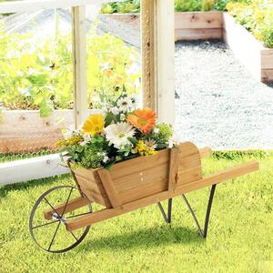 Wooden Wagon Planter Decorative Indoor/Outdoor Rustic Flower Cart with Wheel Walnut