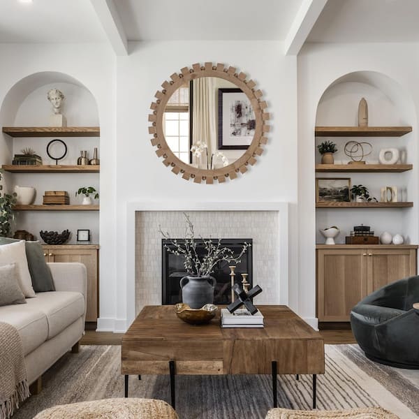 36 in. W x 36 in. H Light Brown Natural Wood Round Framed Art Deco Wall Decorative Mirror with Vintage Gear Bead Accent