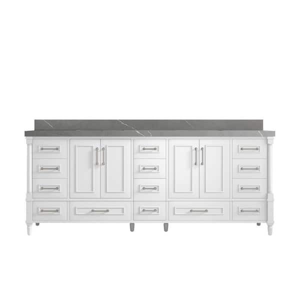 Willow Collections Hudson 84 in. W x 22 in. D x 36 in. H Double Sink Bath Vanity in White with 2 in Piatra Gray Quartz Top