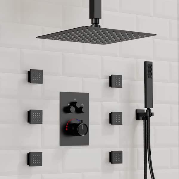 GRANDJOY MultiplePress Dual 7-Spray Ceiling Mount 12 in. Square Fixed and Handheld Shower Head 2.5 GPM in Matte Black