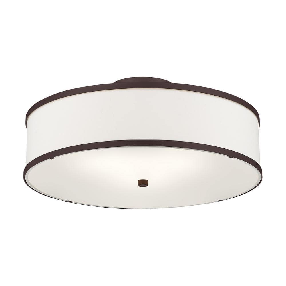 Bronze Contemporary 3-Light Semi-Flush Mount with Off-White Fabric Shade