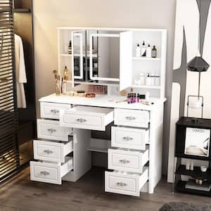 White Makeup Vanity Table Dressing Desk with 3-Mirrors, LED Lighted, 9-Drawers, Hidden Storage Shelves, Crystal Handles