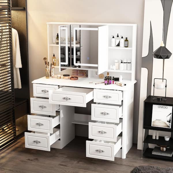 FUFU&GAGA White Makeup Vanity Table Dressing Desk with 3-Mirrors, LED Lighted, 9-Drawers, Hidden Storage Shelves, Crystal Handles