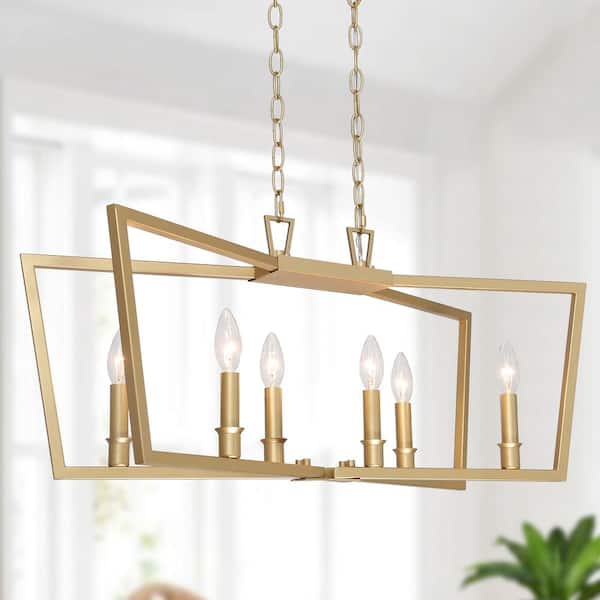 Uolfin Gold 28.7 in. 6-Light Kitchen Island Chandelier, Modern Mid-century Dining Room Candlestick Chandelier Pendant Light