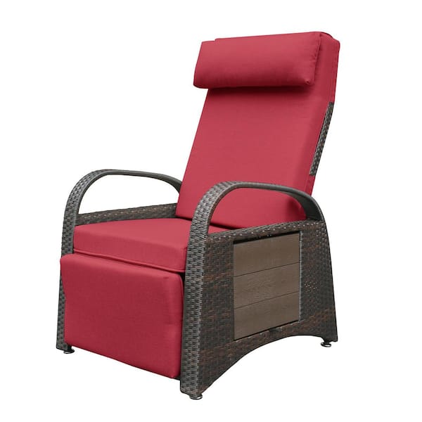 Tatayosi PE Wicker Adjustable Reclining Lounge Chair, Outdoor Recliner Chair with Removable Red Soft Cushion and Headrest