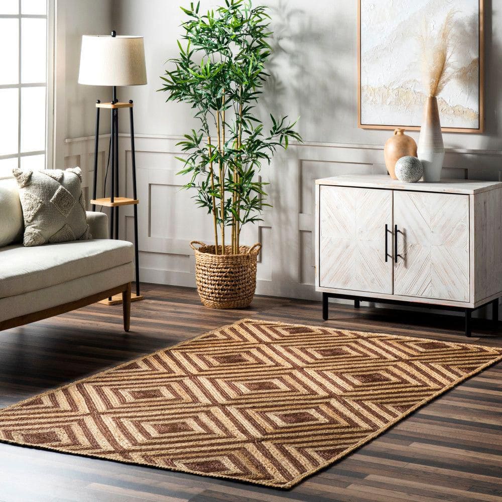 Brown and Beige Jute Art Deco 9' x 12' Area Rug