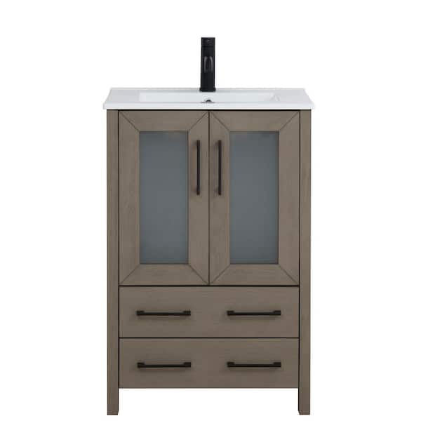 Vanity Art 24 in. W x 18.1 in. D x 35.8 in. H Single Basin Driftwood Gray Bath Vanity with White Ceramic Top and Mirror