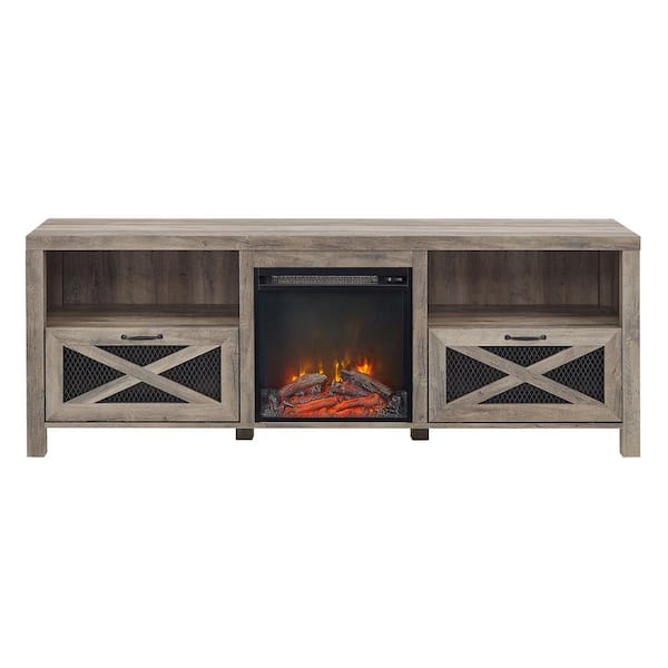 Boyel Living Gray Industrial Farmhouse Metal Mesh Drop-Down X-Door TV Stand Fits TVs up to 70 to 85 in.