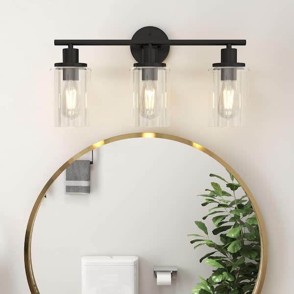24 in. 3-Light Black Bathroom Mirror Interior Vanity Light with Clear Globe Shade and Hardware Set (Black-2 Pack)