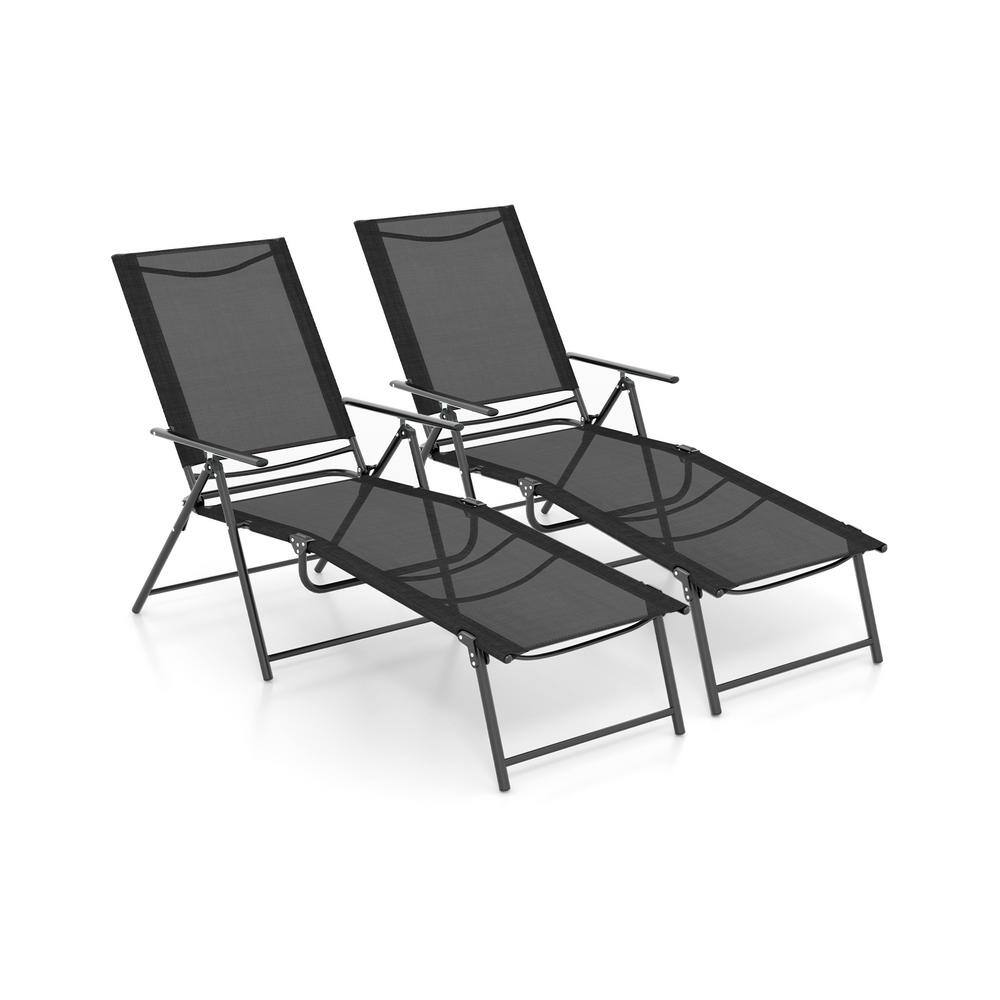 Black Iron Folding Outdoor Chaise Lounge Chairs with Breathable Fabric, Set of 2