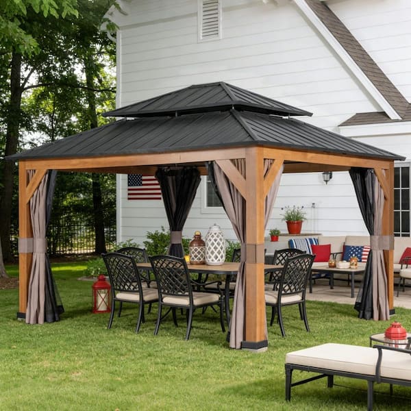 15 ft. x 13 ft. Wood Grain Outdoor Patio Aluminum Double Galvanized Steel Hard Top Roof Gazebo