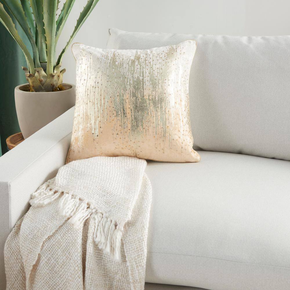 Beige Ombre Embroidered Velvet Square Throw Pillow