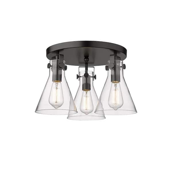 Newton Cone 19.63 in. 3-Light Matte Black Industrial Flush Mount with Clear Glass Shade