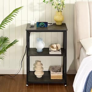 3-Tier Gray Side Table Stable Open Shelves with Metal Frames, End table with Plug Sockets and USB Ports