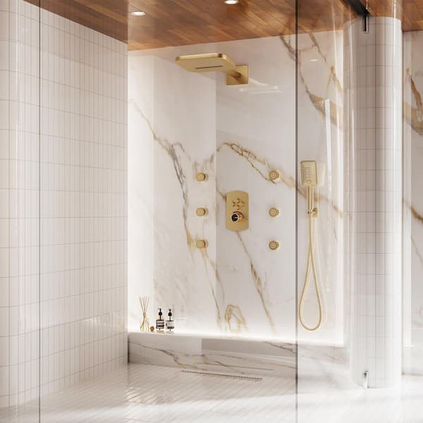 7-Spray Wall Mount Dual Fixed and Handheld Shower Head Multi-Function Shower System with 6 Body Jets in Brushed Gold