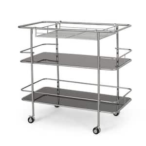 34 in. x 18.5 in. x 31.5 in. Black Silver Glass Cart Mobile Bar Cart Serving Cart with Mesh Shelf and Locking Wheels