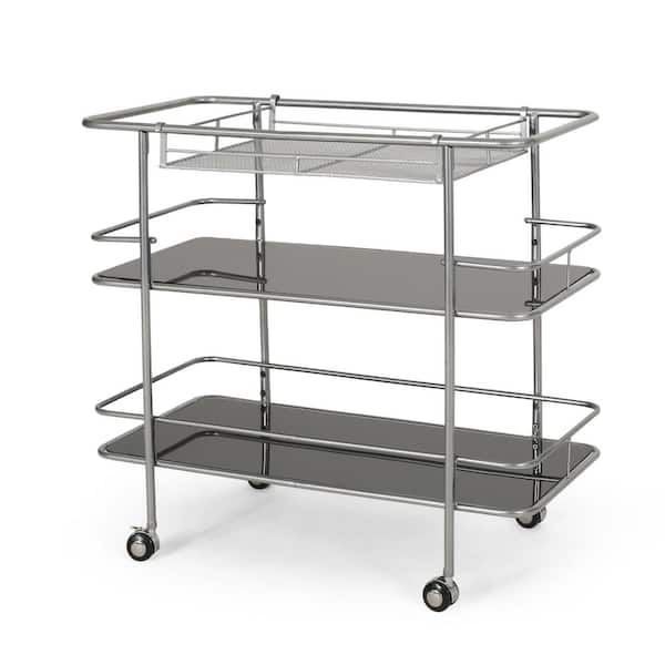 Tileon 34 in. x 18.5 in. x 31.5 in. Black Silver Glass Cart Mobile Bar Cart Serving Cart with Mesh Shelf and Locking Wheels