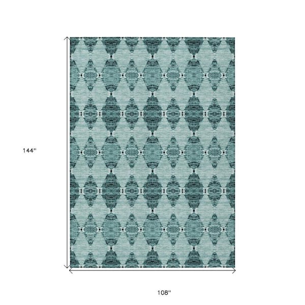 Teal Blue, Aqua, Charcoal 9 ft. x 12 ft. Woven Moroccan Polyester Rectangle Indoor/Outdoor Area Rug