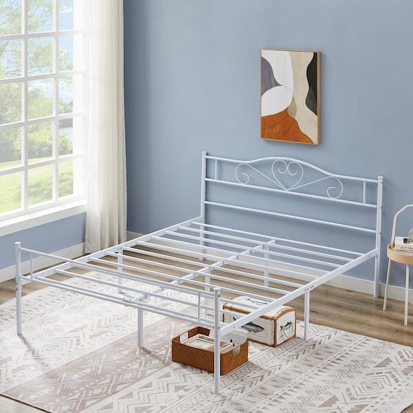 Queen Bed Frame, White Platform Bed No Box Spring Needed, Heavy Duty Steel Slats Support Bed