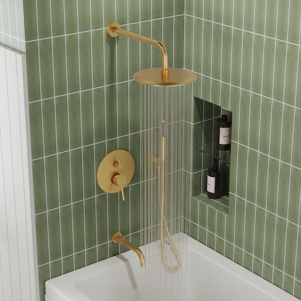 Single Handle 3-Spray 10 in. Wall Mount Tub and Shower Faucet in Brushed Gold (Valve Included)