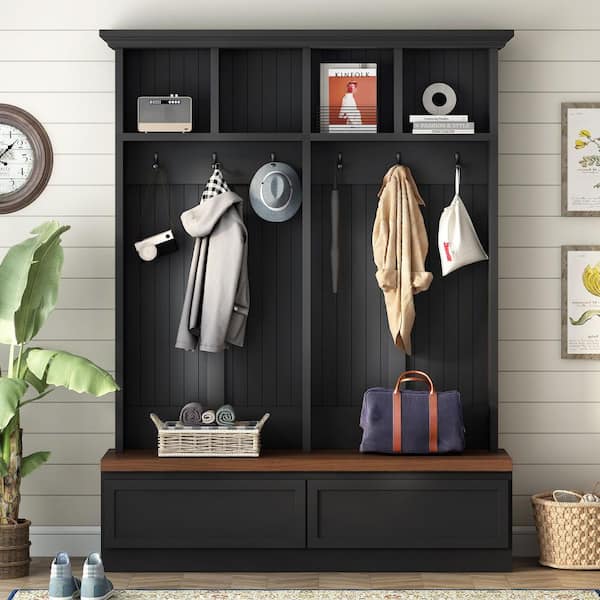 76 in. H Black Farmhouse Hall Tree, Coat Rack with Bench, Drawers, Hooks and Compartments