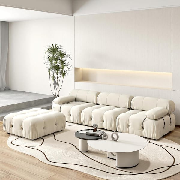 Chameleon 104 in. Square Arm Oversized 4-Piece Modern Velvet Modular Combination Sectional Sofa with Ottoman in Beige