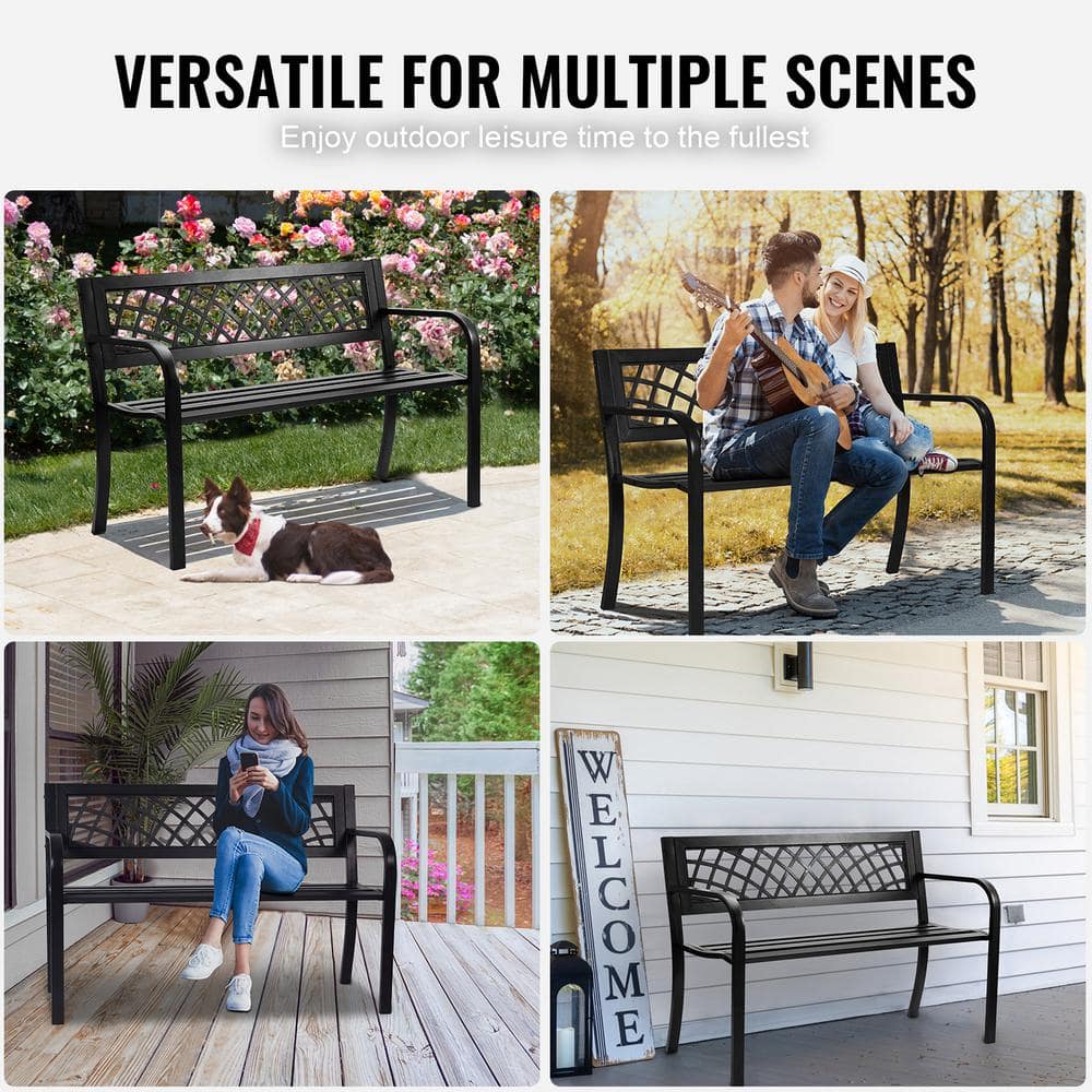 Collage of various scenes featuring a black metal garden bench.