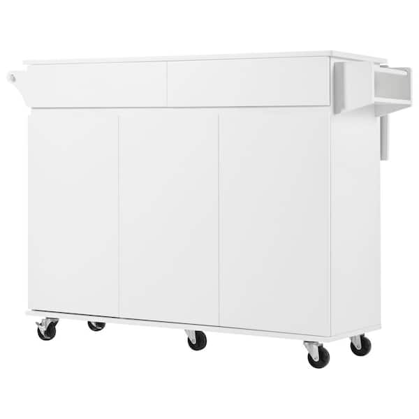 COWLOWN White Wood 53.15 in. Kitchen Island with Drop Leaf, Spice Rack, Wheels, Adjustable Shelves, Towel Rack and 2 Drawers