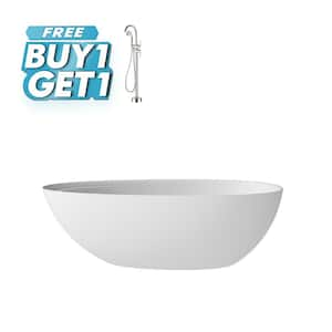 67 in. Stone Resin Flatbottom Solid Surface Freestanding Soaking Bathtub in White with Brass Drain