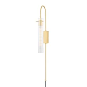 Nettie 1-Light Aged Brass Wall Sconce with Plug with Clear Glass Shade