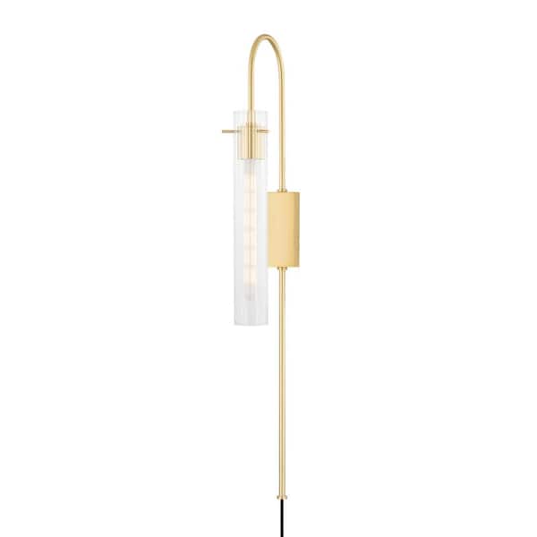 Mitzi by Hudson Valley Lighting Nettie 1-Light Aged Brass Wall Sconce with Plug with Clear Glass Shade