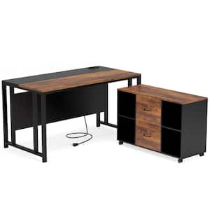 Capen 55 in. L-Shaped Brown Particleboard 2-Drawer Computer Desk with File Cabinet Shelves and Power Outlet