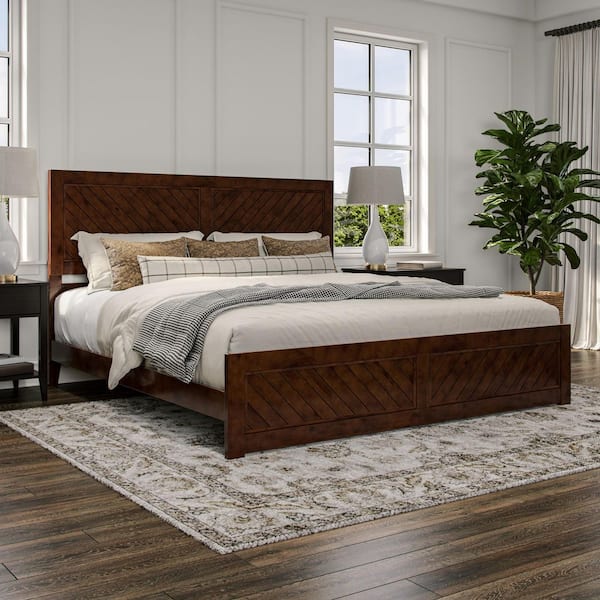 Berkshire Walnut Brown Solid Wood Frame King Low Profile Platform Bed with Matching Footboard
