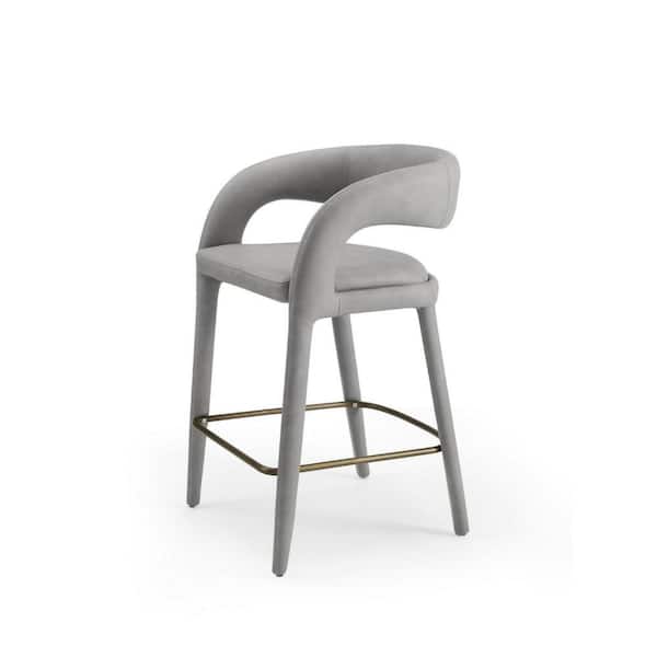 Benjara 32.4 in. Gray and Brass Low Back Metal Frame Counter Stool with Faux Leather Seat