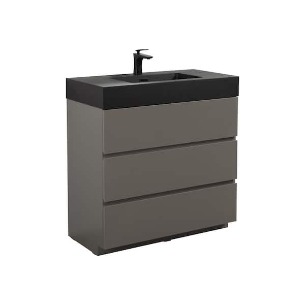 MYCASS 36 in. W x 18.1 in. D x 37 in. H Freestanding Bath Vanity in Space Grey with 1 Matt Black Sink Solid Surface Top