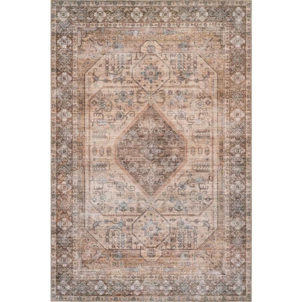 Zella Spill Proof Washable Vintage Light Brown 9 ft. x 12 ft. Indoor Area Rug