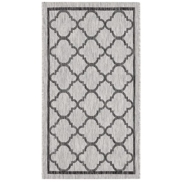 Courtyard Light Gray/Black 2 ft. x 4 ft. Border Quatrefoil Indoor/Outdoor Area Rug