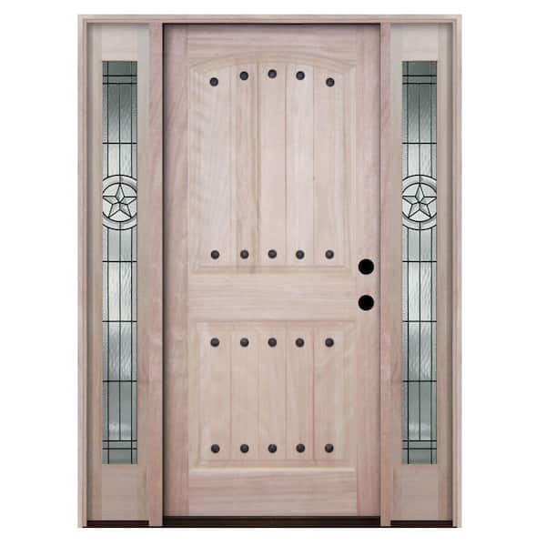 Steves & Sons Rustic 2-Panel Plank Unfinished Mahogany Wood Prehung Front Door with Sidelites-DISCONTINUED