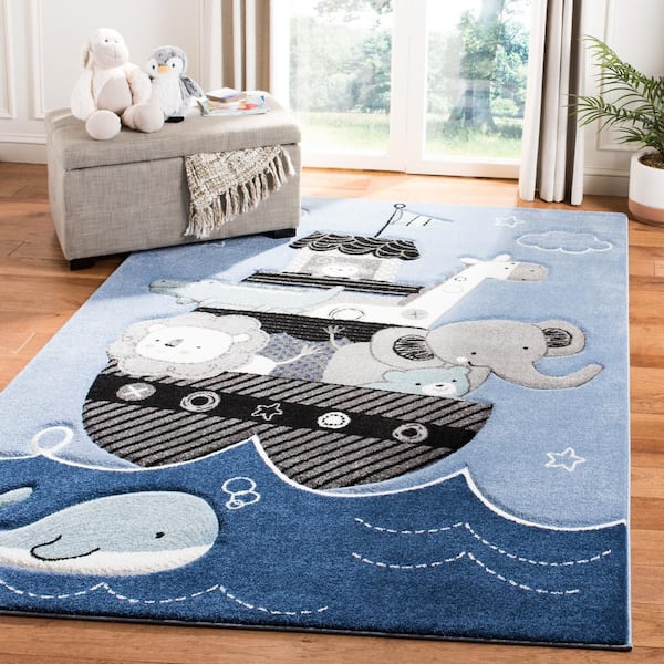 Carousel Kids Blue/Gray Doormat 2 ft. x 4 ft. Animal Print Area Rug