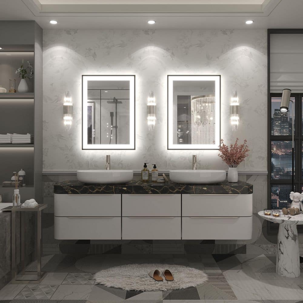 Apmir 20 in. W x 28 in. H Rectangular Space Aluminum Framed Dual Lights Anti-Fog Wall Bathroom Vanity Mirror in Tempered Glass L001B5070