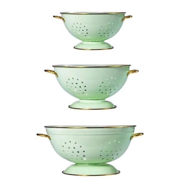 3-Piece Metal Colander with Handles, Solid Base Powder Coated Kitchen Essential Strainer for Vegetable and Fruit, Green