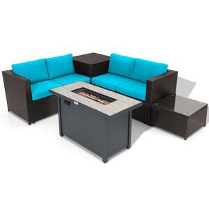 7-Pieces Patio Rattan Furniture Set 42 in. Fire Pit Table with Cover Cushioned Turquoise