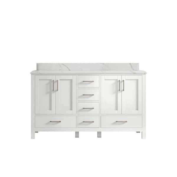 Willow Collections Malibu 60 in. W x 22 in. D x 36 in. H Double Sink Bath Vanity in White with Cove Edge Calacatta Quartz Top