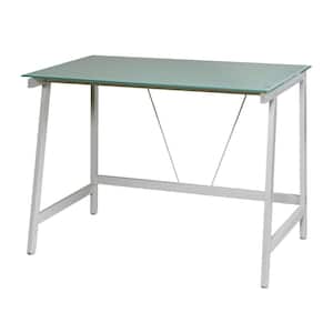 40 in. Rectangular White/Cool Blue Writing Desk with Glass Top