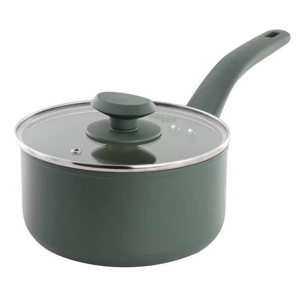 2.5 Quart Ceramic Nonstick Aluminum Saucepan with Lid in Evergreen