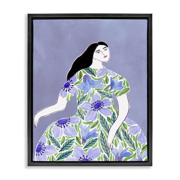 Woman in Blue Floral Gown by Melissa Wang Black Floater Frame People Graphic Art Print 31 in. x 25 in.